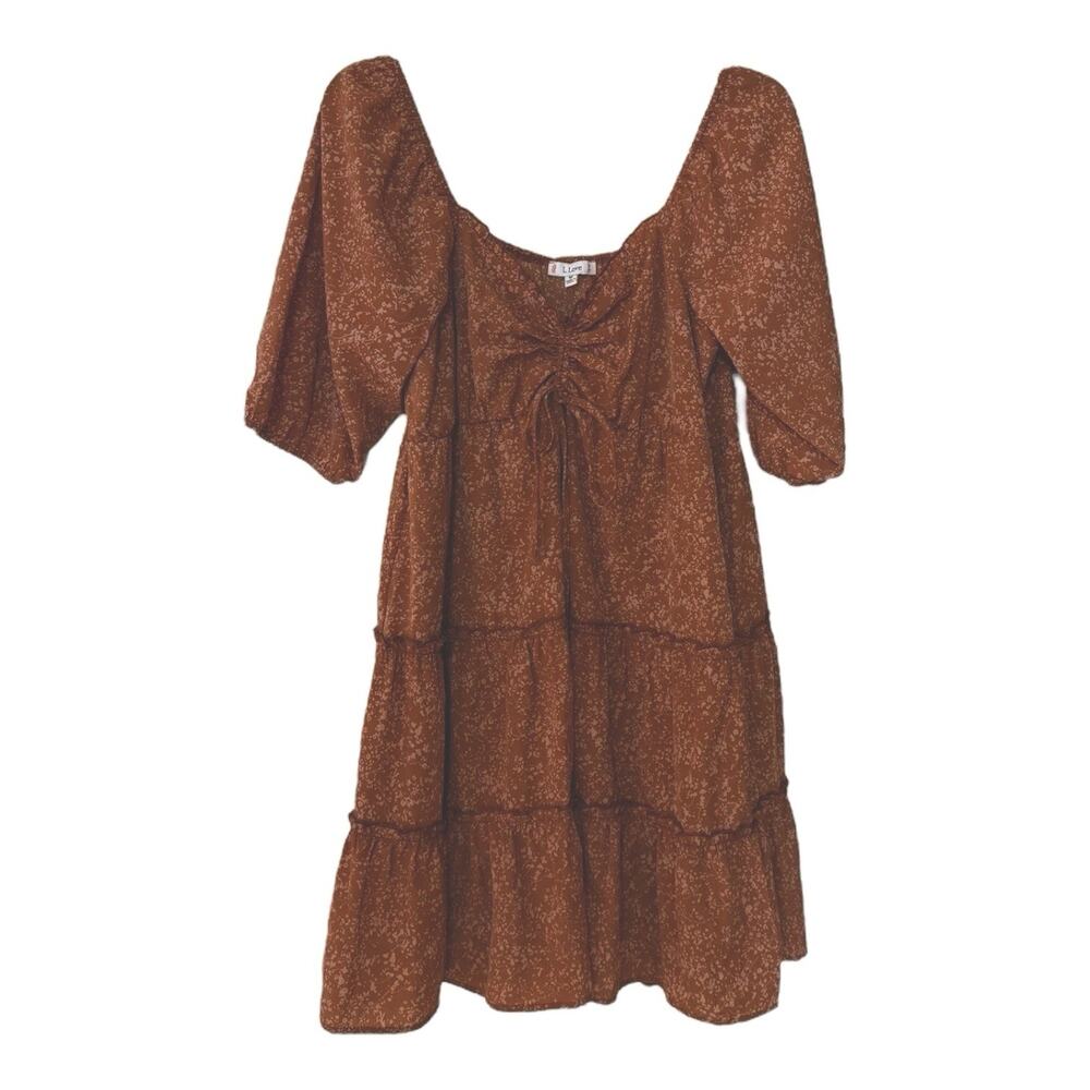 L Love Burnt Orange Sm Print Floral Dress Midi Tiered Ruched Sz M Cottagecore